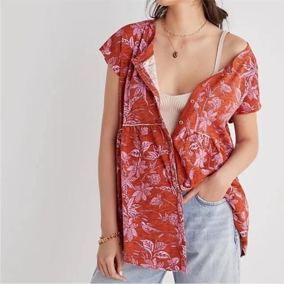 NWOT Anthropologie Pink Tropical Floral Washed Babydoll Top Button Front S - Picture 2 of 11